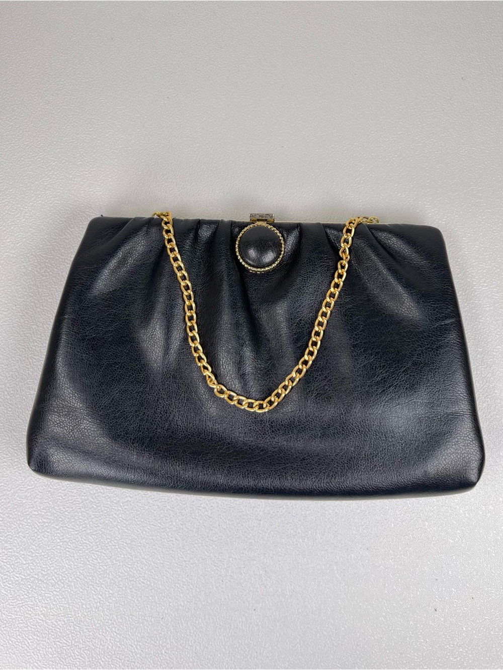 Vintage 1960s Black Leather Chain-Handle Clutch